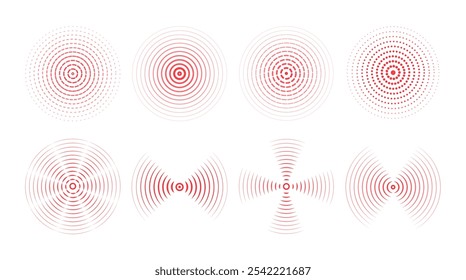 Set of red rings with sound waves, interrupted lines and dots. Rings with radial lines, wallpaper . Radar icon, targets, epicenter.  Vector signal concentric vortex circles.