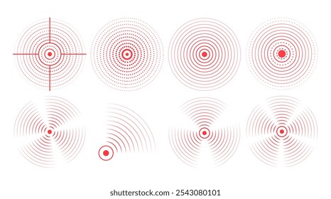 Conjunto de anillos rojos con ondas sonoras, líneas interrumpidas y puntos. Anillos con líneas radiales. Icono de radar, objetivos, epicentro. Vector de señales de circunferencias de vórtice concéntricas.