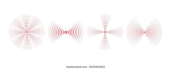 Conjunto de anéis vermelhos com ondas sonoras, linhas intermitentes e pontos. Anéis sonares com linhas radiais. Ícone de radar, alvo, epicentro. Sinal pulsante. Círculos concêntricos vetoriais de ondulações.