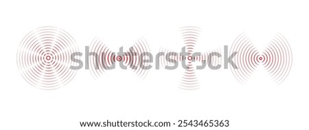 Set of red rings with sound waves, intermittent lines and dots. Sonar rings with radial lines. Radar icon, target, epicenter. Pulsating signal. Vector concentric circles of ripples.
