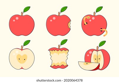 Set of red ripe apple collections whole and bitten on white background. Concept of different states of apples. Eaten, with worms or cut. Flat cartoon vector illustration