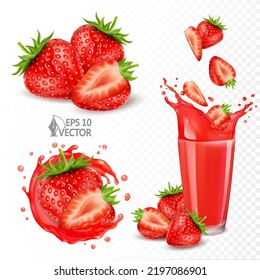 Set of red ripe strawberries and juicy splash. Fresh berries falling into natural juice in a glass. 3d realistic vector illustration isolated on white background