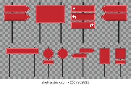 Set of red road signs on poles. Blank signs for customized text or symbols. Vector illustration, EPS10