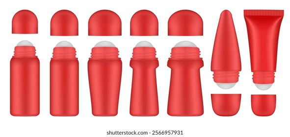 Set of red roller ball bottles. Body antiperspirant deodorant roll-on, open blank bottles with screw cap. Realistic vector mockup. Roller Applicator