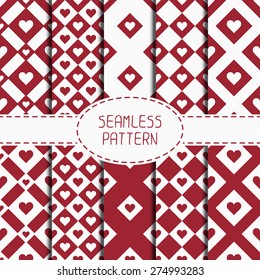 Set of red romantic geometric seamless pattern with hearts. Collection of wrapping paper. Scrapbook paper. Tiling. Vector illustration. Background. Graphic texture. Valentines day.