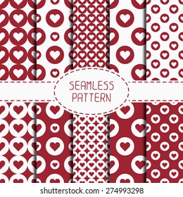 Set of red romantic geometric seamless pattern with hearts. Collection of wrapping paper. Scrapbook paper. Tiling. Vector illustration. Background. Graphic texture. Valentines day.