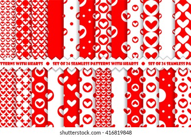 Set of red romantic geometric seamless pattern with hearts. Collection of wrapping paper.  Vector illustration. Background. 