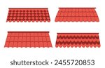 Set of red roofs for houses.Vector illustration of a roof made of different types of materials:slate, tiles isolated on a white background.Protection of the building from the sun, wind, precipitation.