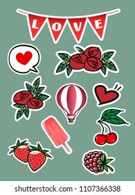 Set of red rose, berry fruit hand drawn, love elements design. Collection for design, paper stickers and valentine greeting. Vector illustration.