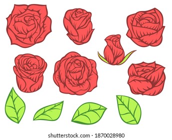 Set of red rose buds and green leaves in minimalistic hand drawn style. Collection color flower elements isolated on white background. Vector illustration.