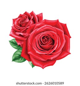 Set red rose watercolor, beautiful flower on an isolated white background