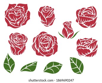 Eine Reihe von roten Rosenknospen und grünen Blättern in minimalistischem, handgezeichnet Stil. Kollektion von Blumenelementen einzeln auf weißem Hintergrund. Vektorgrafik.