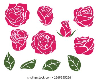 Set of red roses buds and green leaves in minimalistic hand drawn style. Collection color flower elements isolated on white background. Vector illustration.