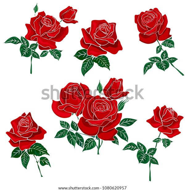 Set Red Roses Isolated On White Stock Vector (Royalty Free) 1080620957