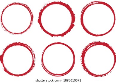 set of red round brush painted ink stamp circle banner on transparent background