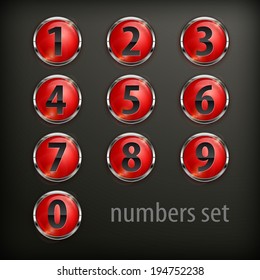 Set of red round buttons with number on black, vector illustration