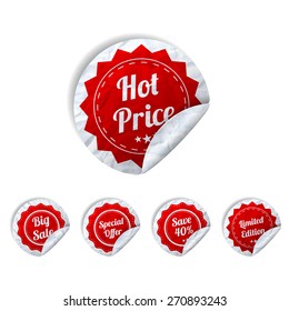 Set Of red round crumpled paper SALE stickers on white background. Vector isolated illustration.