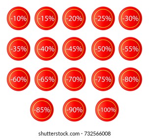 Set of red round discounted icons. Vector flat graphic illustration. Isolated object on a white background. Isolate.