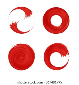 Set Of Red Round Element For Design. Japan Red Circle.  Logo Templates. Brush Stroke Swirls .