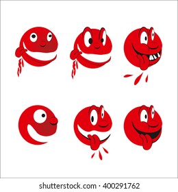 Set of red round expressive emoticons on white background