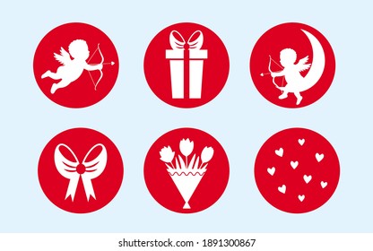 set of red round icons for valentine's day. flat holiday stickers. vector illustration