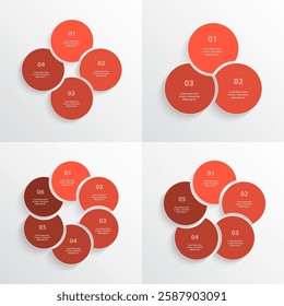 Set of red round infographic templates with 3, 4, 5 and 6 options, parts or processes.