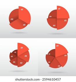 Set of red round infographic templates with 3, 4, 5 and 6 options, parts or processes.