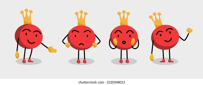 Set of red round mascot with crown in happy, angry, surprised, excited expressions. Suitable for brand identity, branding, marketing, promotion strategy