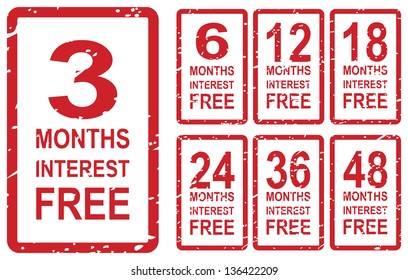 Set Of Red Rubber Stamps For Interest Free Concept, Including 3, 6, 12, 18, 24, 36 And 48 Months Interest Free