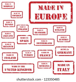 Set of red rubber stamps of Made In symbols for Europe and surrounds, including Italy, France, Russia, UK, Germany, Austria, Ireland, Romania