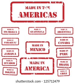 Set of red rubber stamps of Made In symbols for North, Central and South America, including America, Canada, Mexico, Chile, Peru, Bolivia, Ecuador, Brazil