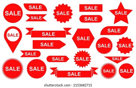 Set of red sale badge. Sale price tag icons. Banner of discount. Promo stickers. Discount promotion. 