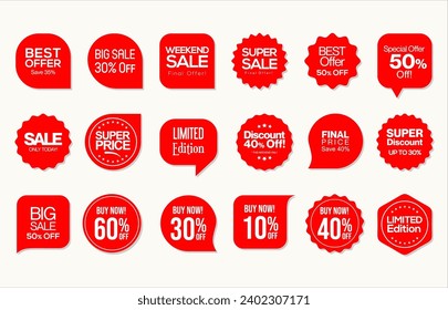 Set of red Sale badges tags and labels design vector illustration