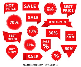 Set of red sale banners in different shapes. 