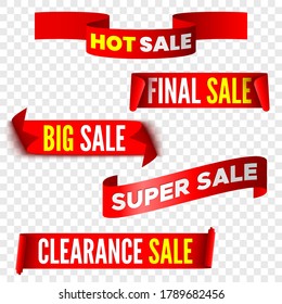 Set of red sale banners on transparent background. Ribbons and stickers. Paper scrolls. Vector illustration.