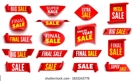 Set of red sale banners on white background. Ribbons and stickers. Vector illustration.