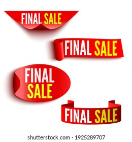 Set of red sale banners on white background. Ribbons and stickers. Paper scrolls. Vector illustration.