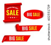 Set of red sale banners. Ribbons and sticker. Paper scrolls. Vector illustration.