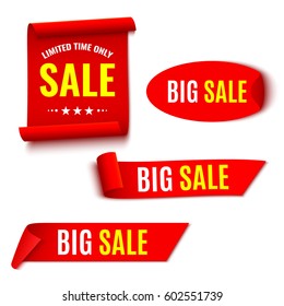 Set of red sale banners. Ribbons and sticker. Paper scrolls. Vector illustration.