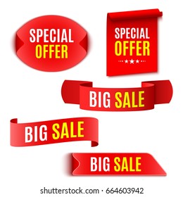 Set of red sale banners. Ribbons and stickers. Vector illustration.