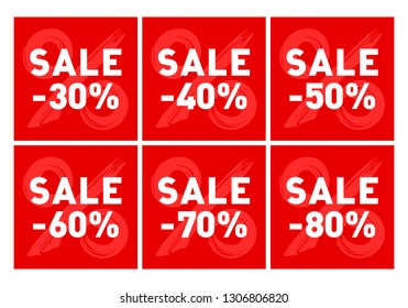 Set of Red sale banners template design, Big sale, final sale. End of season special offer. Vector illustration. Advertising poster, square banner. Percent sign. -30%, -40%, -50%, -60%, -70%, -80%.