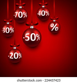 Set of red sale christmas balls background. Vector illustration. 