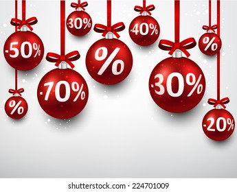Set of red sale christmas balls background. Vector illustration. 