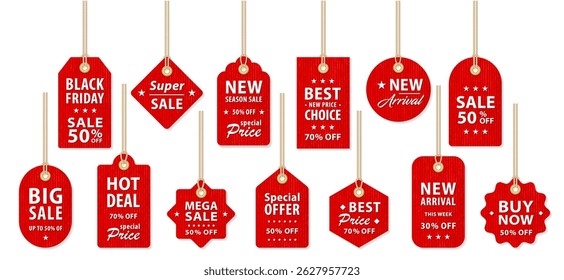 Set of red sale, discount, best price, new product labels. Flat vector illustrations, isolated on transparent background