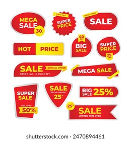 Set of red sale discount label banner collection, mega sale super price, hot price badge, Red ribbons, tags and stickers. Vector illustration, Trendy red sales promotion banner element.