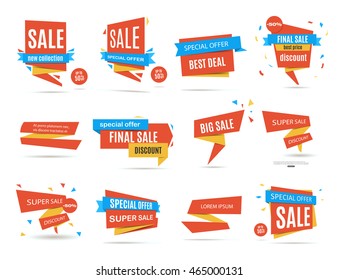 Set of red sale discount and promotion banners. Label collection. Banner design. Sale tag. Sale element. Sale poster. Discount set. Discount template. Vector illustration, eps 10