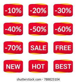 Set of red sale and discount stickers, vector eps10 illustration