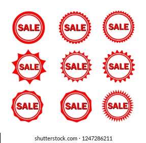Set of red sale icon banners in different shapes. Stickers shop product tags. vector.