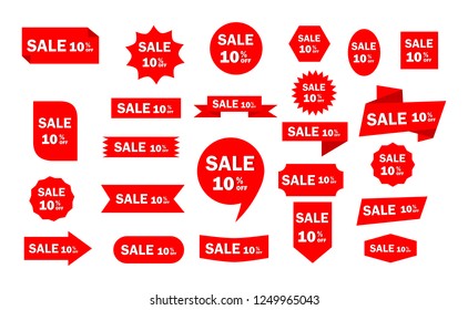 Set of red sale icon banners in different shapes. shop product tags. 10% off discount sticker vector. 