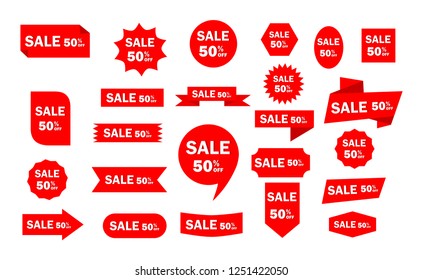 Set of red sale icon banners in different shapes. shop product tags. 50% off discount sticker vector. 